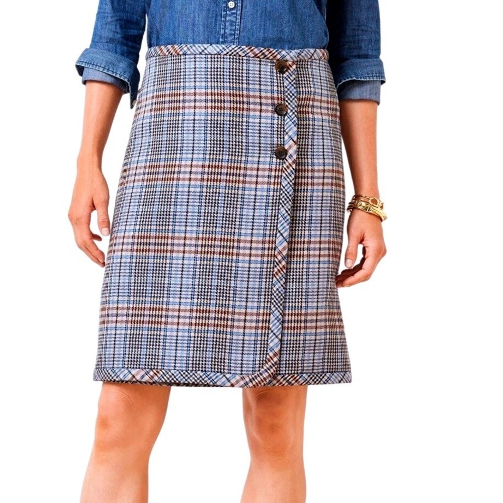 Talbots Womens Blue Brown‎ Plaid Faux Wrap Side Button Mini A Line Skirt Size 16